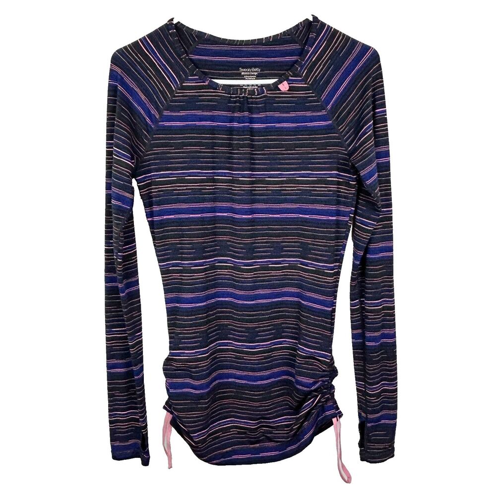 Sweaty Betty Striped Athletic Top Long Sleeves Pull Tab Ruched Sides Navy Blue S